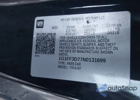 2022 Chevrolet Camaro Rwd 1Ss z USA, uszkodzony, nr VIN 1G1FF3D77N0131699